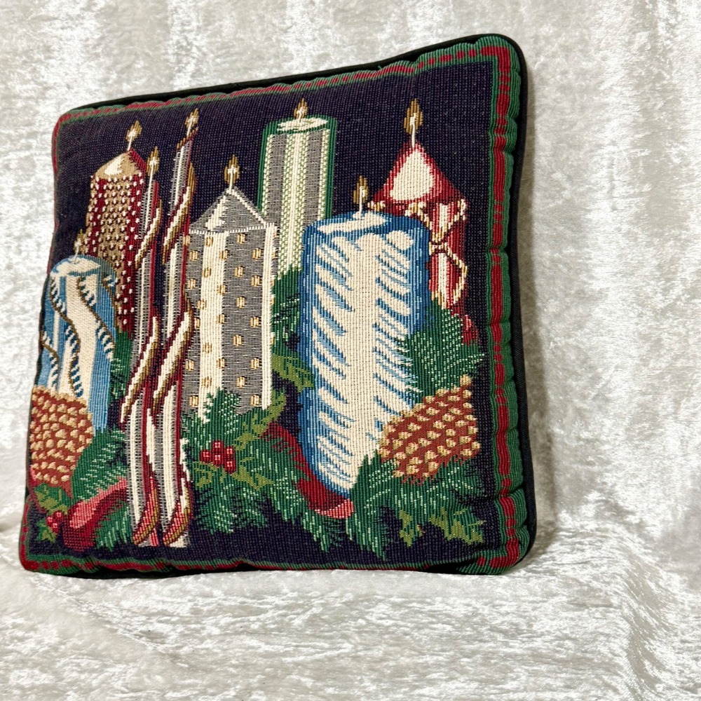 Vintage Christmas Candle Tapestry Accent Pillow Cozy Holiday Decor 18" x 18" - Picture 2 of 7